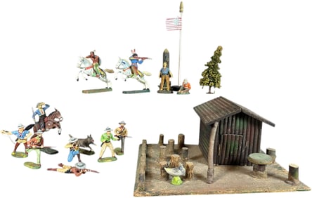 ELASTOLIN LOG CABIN W/ COWBOYS & INDIANS