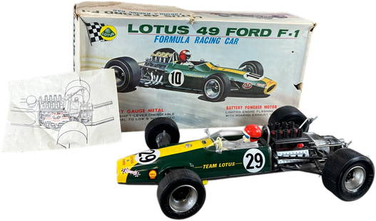 BOXED TADA LOTUS 49 FORD F-1 RACER: 1. BOXED TADA LOTUS 49 FORD F-1 RACER | 15.5" l. | Some tears, dents and minor staining to box, toy in (Excellent Condition) | $100 - $200