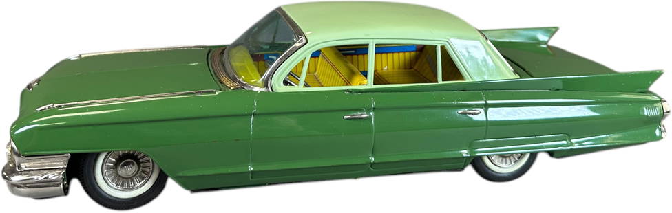SSS TOKYO 1961 CADILLAC FRICTION SEDAN: 3. SSS TOKYO 1961 CADILLAC FRICTION SEDAN | Friction driven. | 16.5" l. | The most miniscule pin head spots of in-painting likely factory, missing radiator fan under hood, paint in (Pristine to