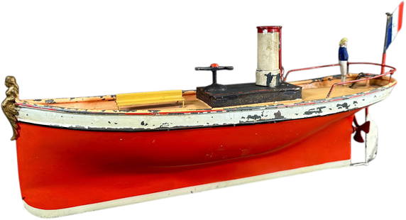 EF LEFEVRE FRENCH WIND-UP RIVER BOAT: 22. EF LEFEVRE FRENCH WIND-UP RIVER BOAT | France, circa 1890s. From the Tony Cuff collection. | 15" l. | Flaking to the original paint in areas, red on hull is repainted and gel coated, seating 