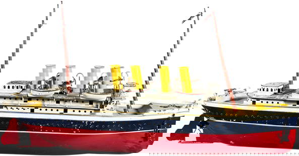 LARGE BING FOUR STACK OCEAN LINER: 23. LARGE BING FOUR STACK OCEAN LINER | Germany, circa 1912, this series of liners feature bright yellow decking and funnels to which this example has four, clockwork powered. | 26" l. | Some