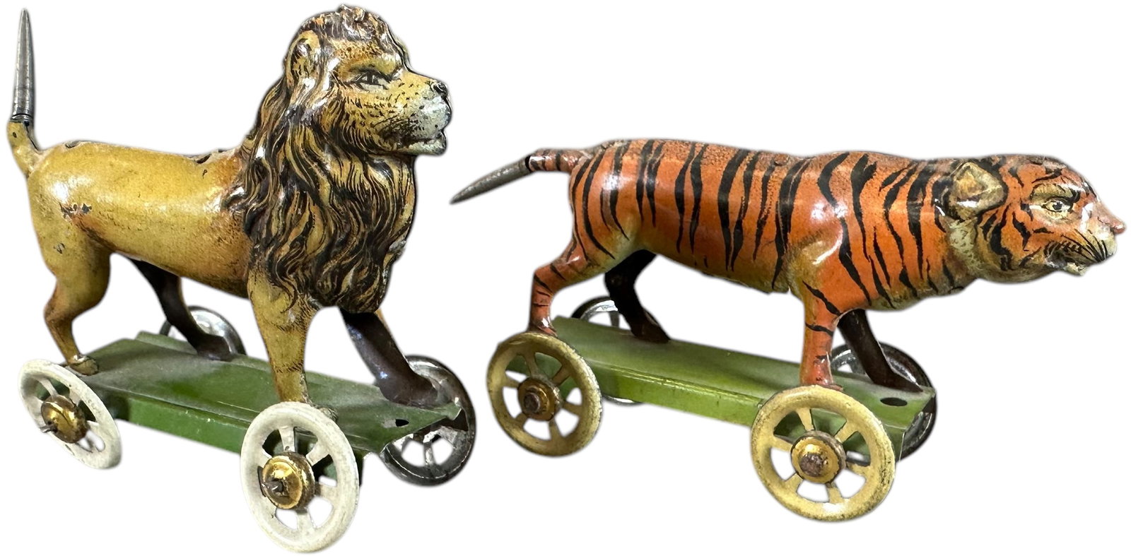 LION AND TIGER SPRING TAILS PENNY TOYS: 306. LION AND TIGER SPRING TAILS PENNY TOYS | Both made by Distler. | 4.5" l. | (Excellent Condition) | $250 - $500