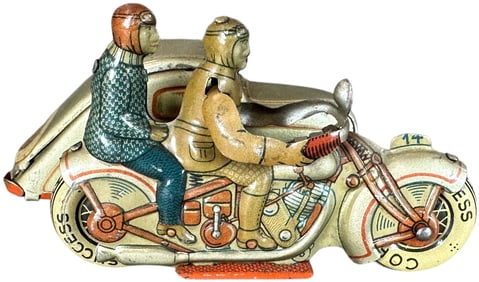TWO RIDER MOTORCYCLE W/SIDECAR PENNY TOY
