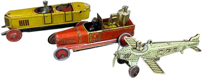 TWO AUTOS & AIRPLANE PENNY TOYS