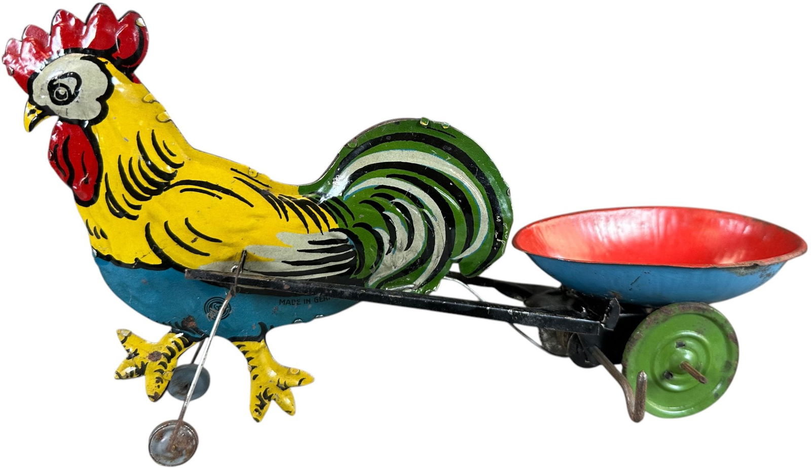 GUNTHERMANN ROOSTER EGG CART: 450. GUNTHERMANN ROOSTER EGG CART | 10" l. | Faint bit of oxidation to rear wheels and edge of cart, (Excellent Condition) | $200 - $400