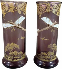 AMETHYST GLASS ENAMELED AIRPLANE VASES