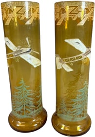 AMBER GLASS ENAMELED AIRPLANES VASES