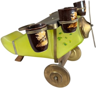 GREEN GLASS AIRPLANE WHISKEY DECANTER