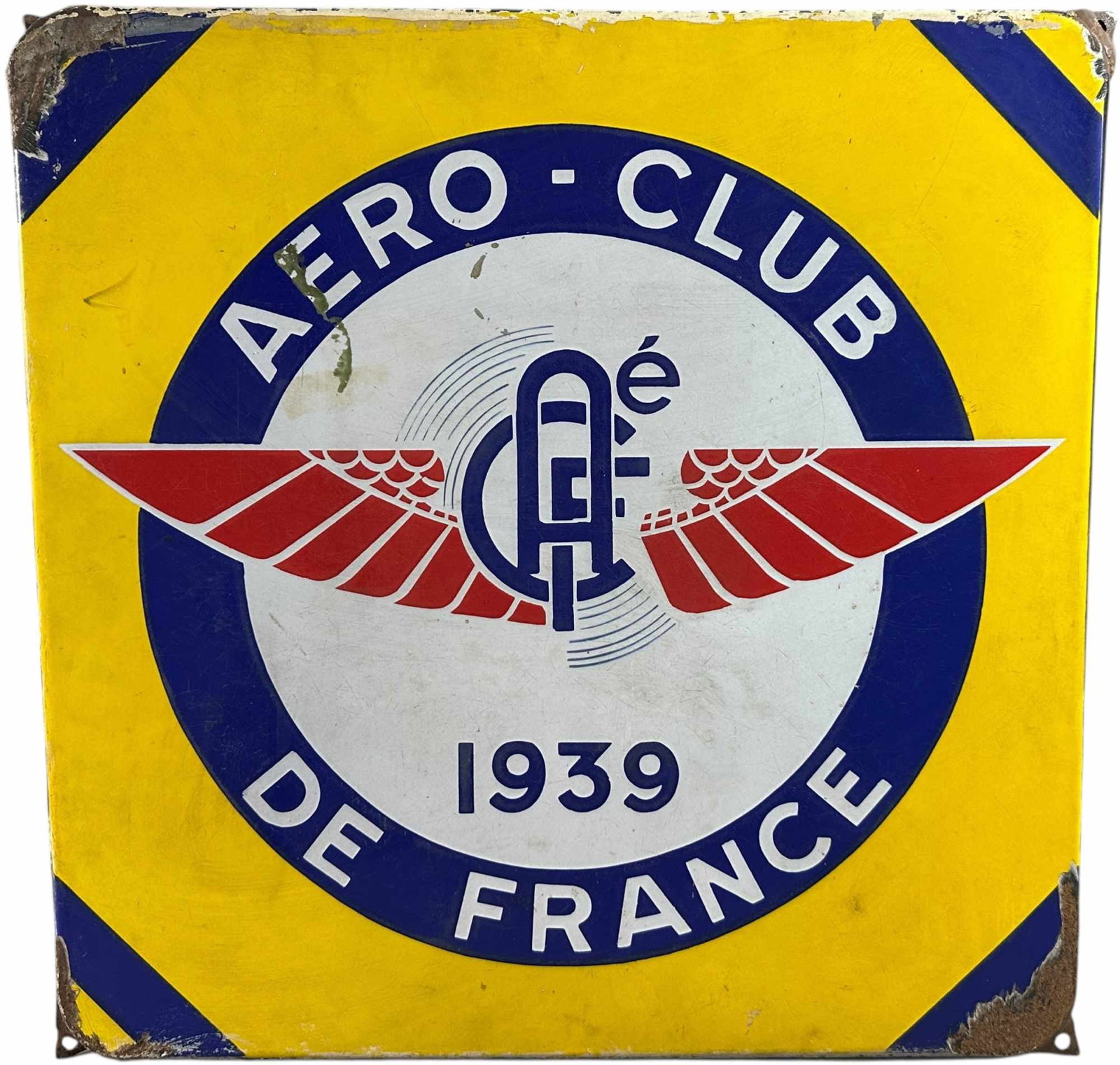 AERO CLUB DE FRANCE 1939 PORCELAIN SIGN: 569. AERO CLUB DE FRANCE 1939 PORCELAIN SIGN | Double flange. From the Italian collection of Steno Tonelli. | 17.5 " l. x 17. 5" h. | Edge wear and one spill over letter (Excellent Condition) | $400 -