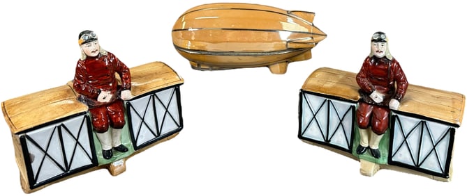 TWO AIRPLANE & DIRIGIBLE CONDIMENT SETS