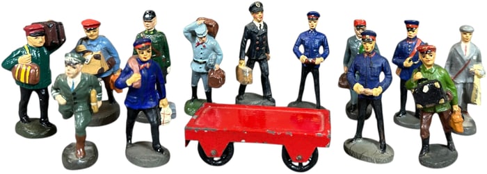GROUP OF ELASTOLIN RAILROAD FIGURES