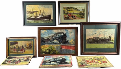 FIVE FRAMED TRANSPORTATION PUZZLE PICTURES