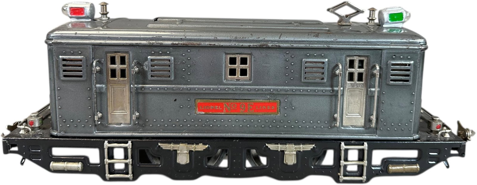 PREWAR LIONEL NO9E STANDARD GAUGE LOCOMOTIVE: 445. PREWAR LIONEL NO9E STANDARD GAUGE LOCOMOTIVE | Standard gauge, electric. | 14" l. loco | Missing one pantograph, headlights are replacements, overall (Very Good to Excellent Condition) | $300 - $