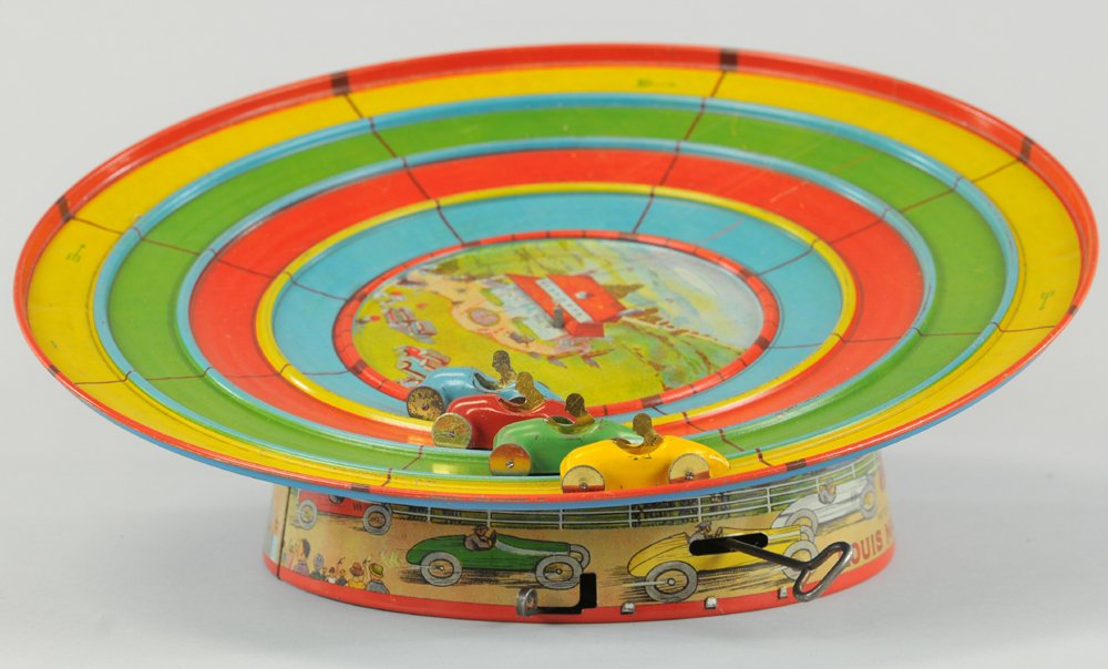 MARX TIN WIND-UP WHEE-WHIZ AUTO RACING TOY: c. 1925, novel toy, very colorful, mechanical toy auto race game, includes four 2" tin lithographed automobiles, which race around track when toy is wound. 13" w.