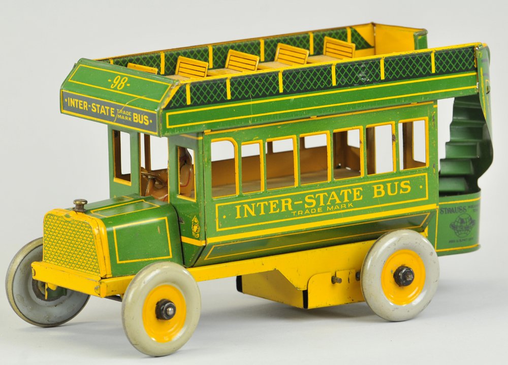 INTER-STATE BUS: Strauss, lithographed tin, done in green and orange color scheme, top level bench seating, rear stairwell, clockwork driven. 10 1/4" l.