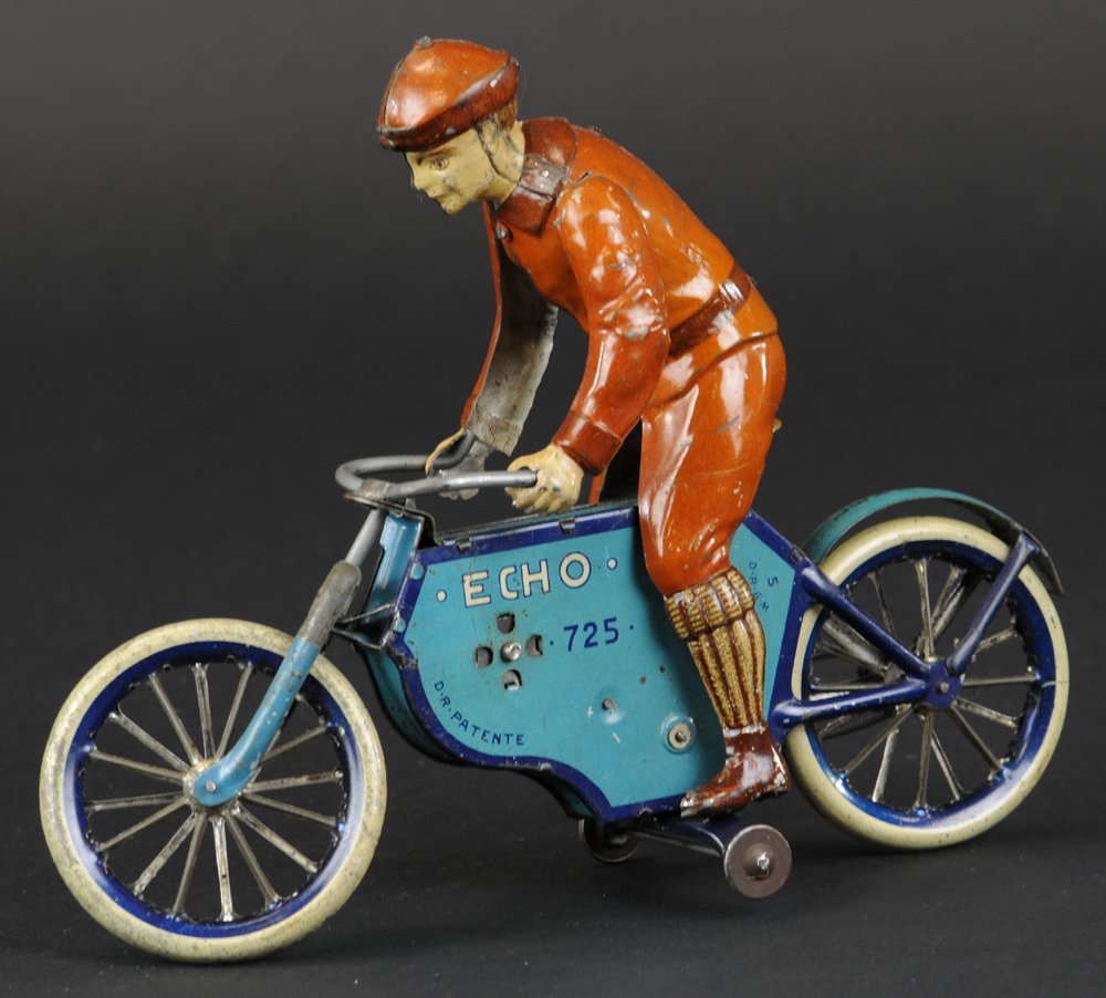 LEHMANN ECHO: Germany, lithographed tin, well detailed toy cyclist on early spoke wheel model, clockwork driven, reads "Echo" on both sides. 8 1/2 "l.