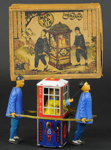 LEHMANN MAN-DA-RIN WITH BOX: Germany, well detailed tin toy, depicts two coolies carrying sedan chair with seated Chinese Mandarin, very ingenious toy design and concept, clockwork driven. 7 1/4" l.