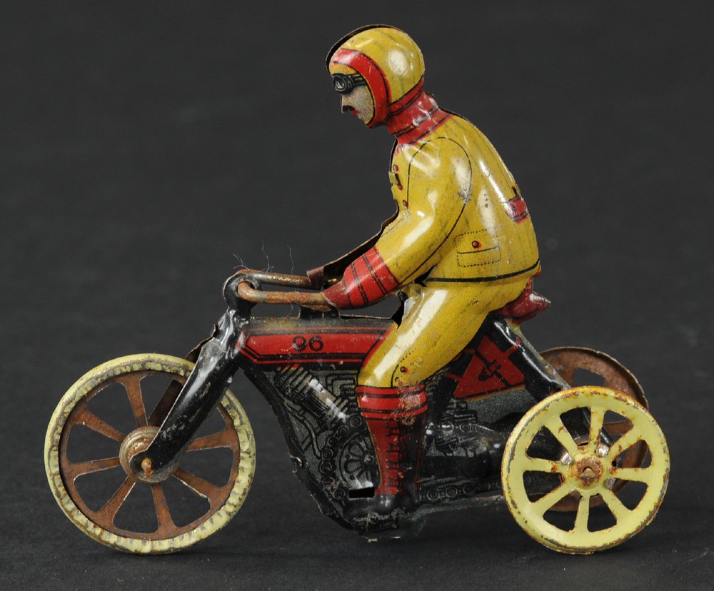 MOTORCYCLE PENNY TOY: Kellermann, Germany, very desirable, lithographed tin example portrays motorcycle with rider in racing gear, "96" on gas tank. 3 3/4" l.