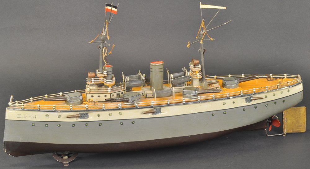 MARKLIN "HABICHT" BATTLESHIP: Germany, third series, considered the most realistic of ships by Marklin, hand painted overall, great color scheme of grey shades to hull, natural brown decking, fully railed, multi-tiered observation
