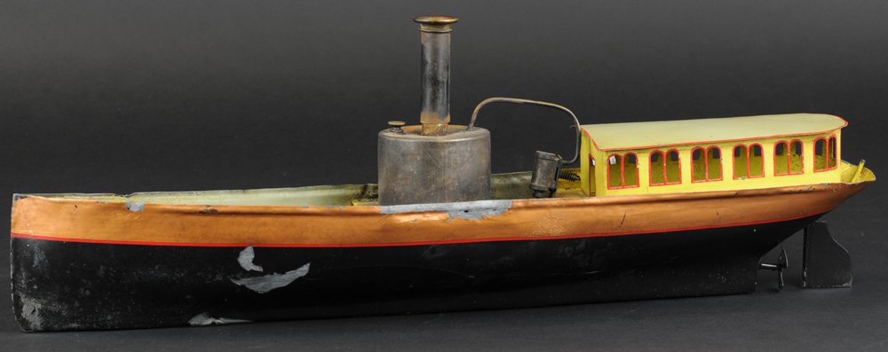 SCHOENNER STEAM RIVER BOAT: Hand painted tin, black & copper hull, open deck contains steam boiler, stern features covered cabin with open windows. 22" l.