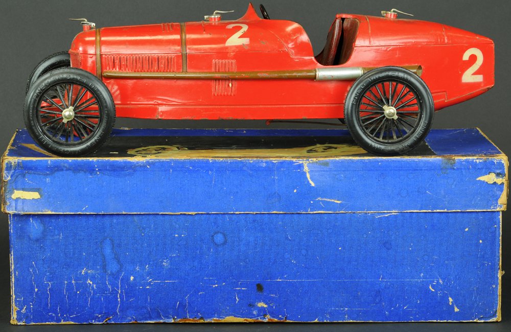 CIJ P2 ALFA ROMEO WITH BOX: France, c. 1937, considered by many the most popular of French toy racers and one of the best of scaled toy racers, done in red body similar to the classic Alfa Romeo, it came in several colors, each 