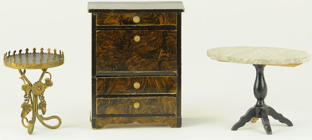MINIATURE EARLY DROP FRONT DESK, TABLE & STAND: Grain painted drop front desk with interior drawers and recessed mirror, brass table with grained table top and decorative flowers at base, marble turtle top table on pedestal base. Desk 5 1/4" h. x 3