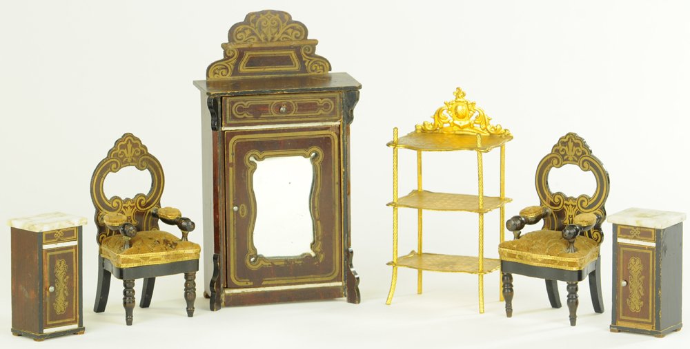MINIATURE ORMOLU STAND WITH BOULLE CABINET: Lot has an ormolu three-tier shelf unit with rope-like legs, fancy Boulle mirrored cabinet, two padded armchairs with cut brown velvet upholstery (paper trims all intact), two marble top nightstands.