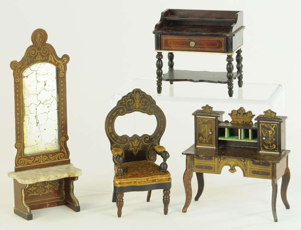 MINIATURE FOUR PIECE BOULLE FURNITURE SET: Tall pier mirror, cut-out back chair with padded arms, desk with pigeon holes & flanking cabinets, and wash stand; all pieces have gold transfer work. Chair 6" h.; mirror 9" h.