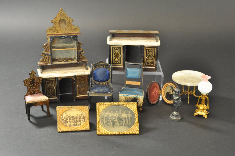 ASSORTED MINIATURE FURNITURE & ACCESSORIES: Ten pieces includes: two Boulle marble top sideboards, one missing top, other has additional piece glued on top, three assorted chairs, three daguerreo types, ormolu banquet lamp w/globe, and metal fi