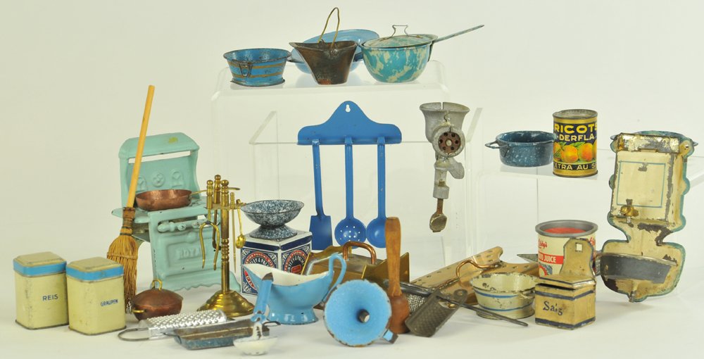 LARGE GROUPING OF MINIATURE KITCHEN UTENSILS: Over thirty pieces include: canister set, lavabo, meat grinder, pots & pans, utensils on rack, stove, fireplace tools, broom, etc. all in varying sizes. Lavabo 4 3/4" h.