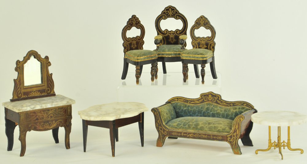 MINIATURE BOULLE FURNITURE: Lot includes soft, two side chairs, one arm chair, marble turtle top table, dressing table, oval marble table on metal legs. Dressing table 6 1/2" h.
