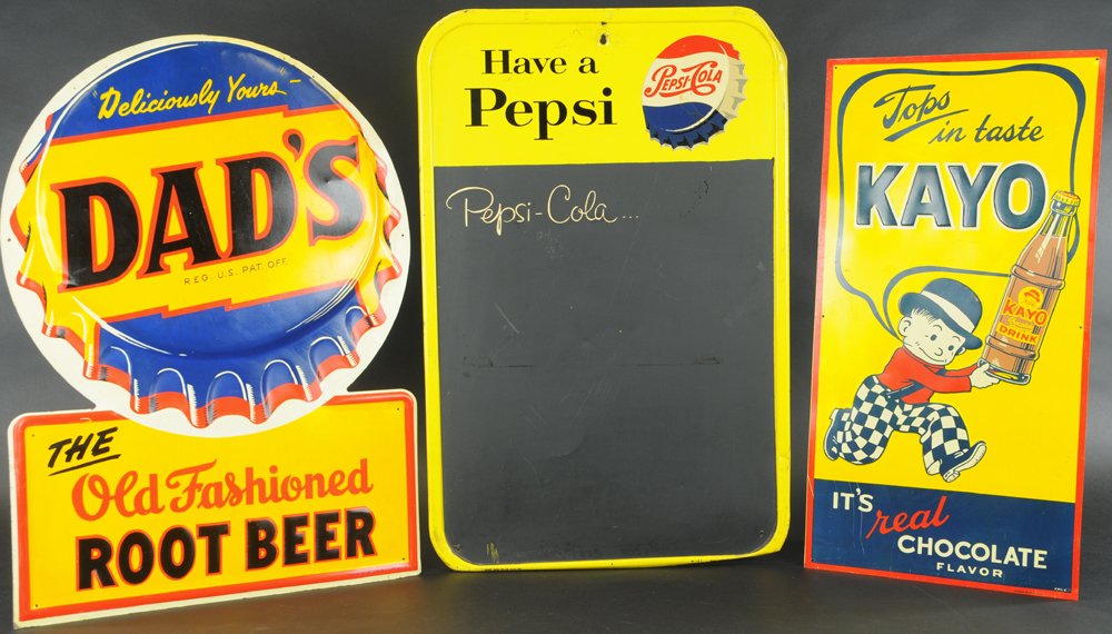 GROUPING OF THREE TIN SIGNS: Lot consists of a Pepsi Blackboard, an embossed Kayo Chocolate Drink, and an embossed die-cut Dad's Old Fashioned Root Beer sign, 27" to 30".
