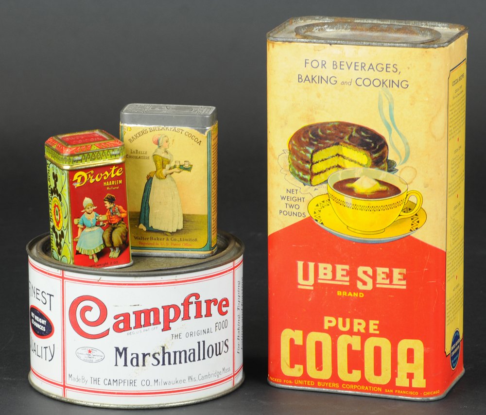 GROUP OF FOUR ADVERTISING TINS: A small 3 1/4" tin Droste's Cocoa "Sample Not To Be Sold," paper label "Bakers Breakfast Cocoa," 3 3/4" tin, cardboard "Ube See Cocoa" 9" diam. can, and a "Campfire Marshmallows" 5 1/2" diam. tin.