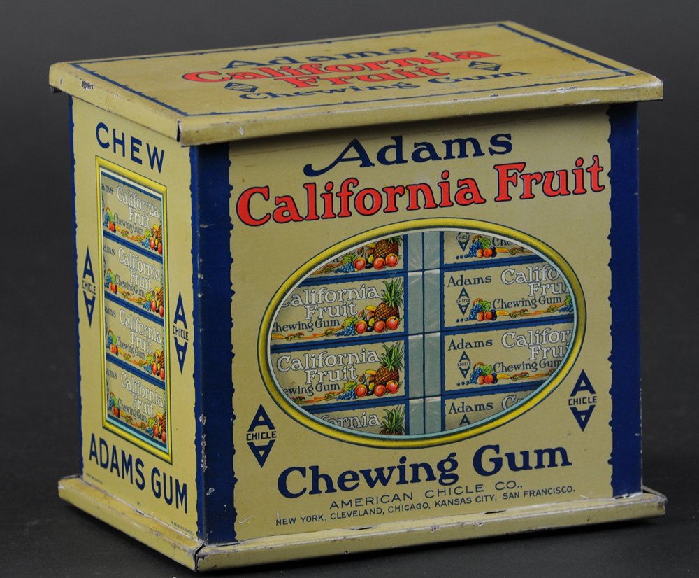 ADAMS CALIFORNIA FRUIT GUM DISPLAY: Counter top, tin litho display for Adams California Fruit Chewing Gum, great images all around, top lifts for gum retrieval. 6 1/4" h.