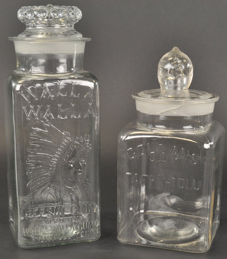 COLCAN'S TAFFY-TOLU & WALLA-WALLA JARS: Colcan's Taffy-Tolu jar with figural lid, small crack & chick on ground top of jar, along with a Walla-Walla Pepsin Gum, Knoxville, Tenn jar. 11" to 13" h.