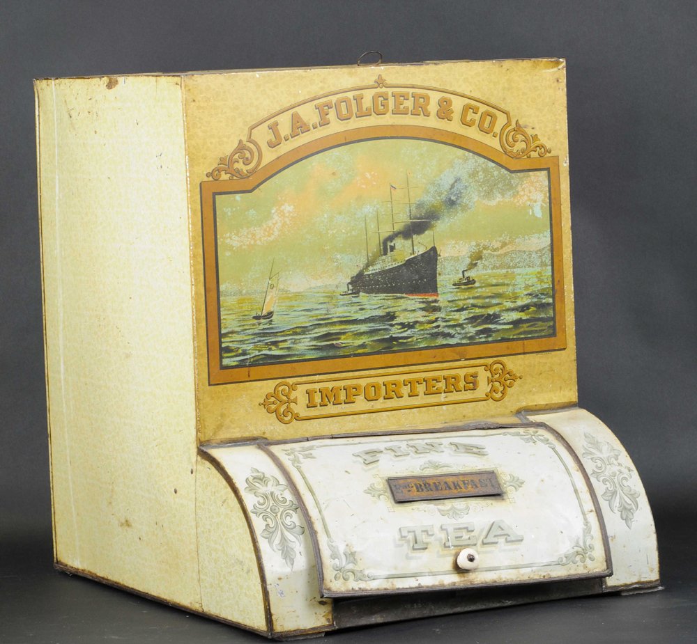 TIN LITHO STORE BIN FOR J.A. FOLGER'S TEA: Early tin litho store bin, Folger & Co. Importers, Fine Breakfast Tea, shows steamship / sailing ship. 16" & 19".