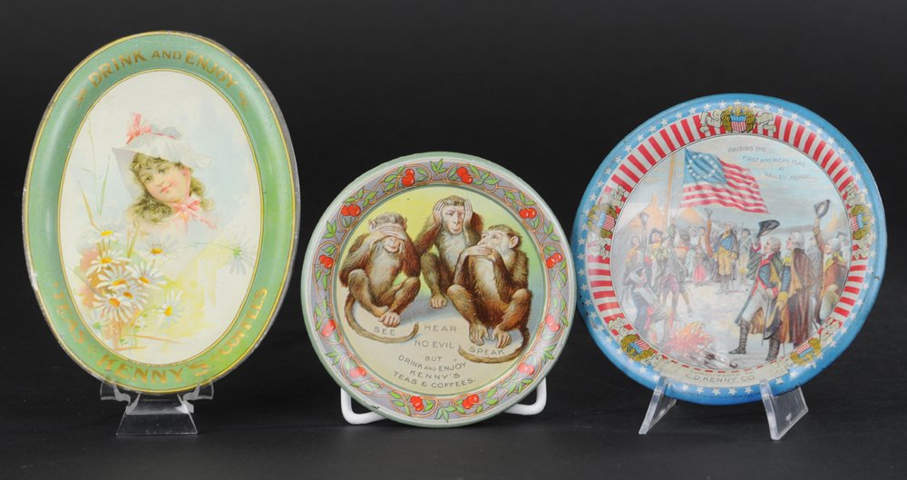 THREE C.D. KENNY CO. TIP TRAYS: From the C.D. Kenny Co., Baltimore, three advertising tip trays, "See, Hear, Speak no Evil," "Raising the Flag at Valley Forge," and "Drink and Enjoy Kenny's Teas & Coffees". 4 1/2" to 6".