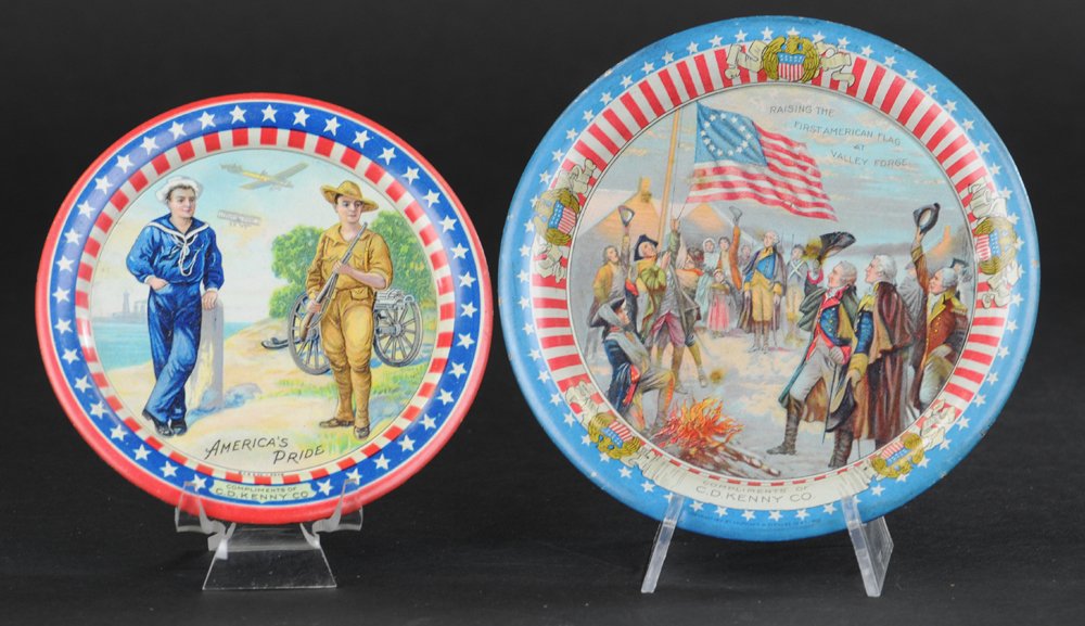 TWO C.D. KENNY CO. TIP TRAYS: "America's Pride," and "Raising the First American Flag at Valley Forge," Very early, patriotic themed pieces, great images, compliments of C.D. Kenny Co. Kaufmann & Strauss Co. 4 1/2" to 5".