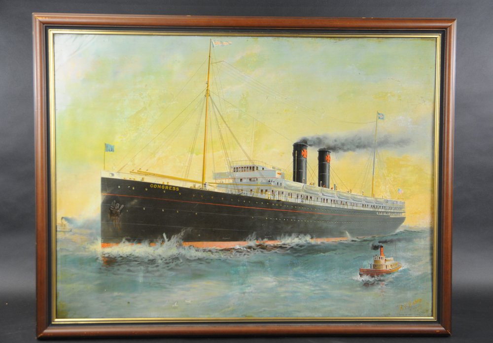 EARLY TIN LITHO SIGN FOR STEAMSHIP CONGRESS: A large, framed tin litho advertising sign "Congress" steamship, American flag flying from the stern, artist signed, A.F. Bishop, N.H. Conn. 1913, American Art Works. 43" x 33".