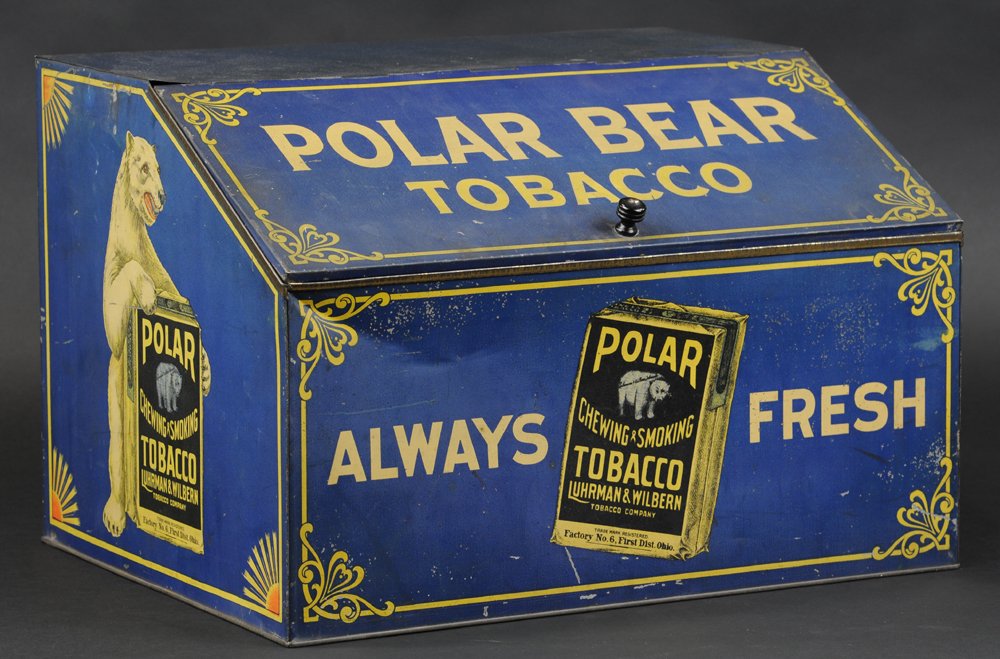 POLAR BEAR TOBACCO DISPLAY BIN: Beautiful country store display bin for Polar Bear Tobacco, tin litho with polar bear on both sides, eye catching colors of blue dominate white lettering and tobacco pouch on front. 18" w.