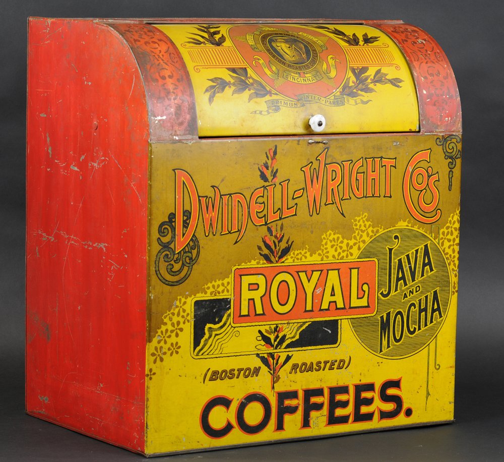 DWINELL-WRIGHT TIN STORE BIN: Dwinell-Wright Co. Royal Boston Roasted Coffee tin store bin, large lithographed tin, curved opening, front lid, extensive graphic detail, very colorful overall. 21 1/2" x 19" x 13.