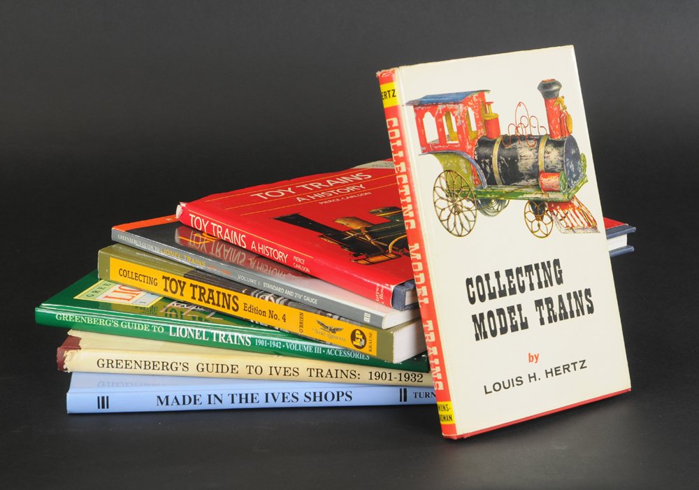 ASSORTED ANTIQUE REFERENCE BOOK LOT: Grouping includes: Louis Hertz "Collecting Model Trains," Pierce Carlson "Toy Trains," Three Greenberg Train Goods, O'Brians Toy Train Book, and Gerard A. Robinson, "Made in the Ives Short Book".