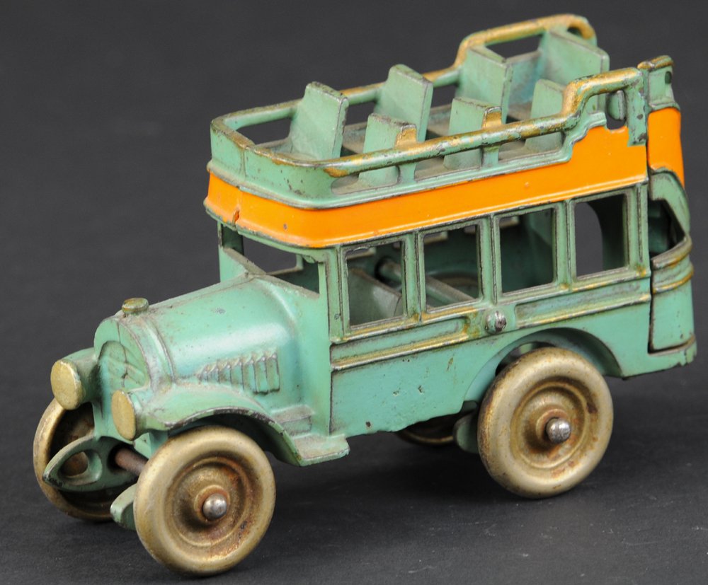 KENTON CITY BUS: Kenton, cast iron, painted in blue overall, orange stripe on side, seven seats on upper deck, stairs lead to seating. 5 1/4" l.