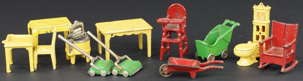 MIXED CAST IRON DOLL'S SIZE FURNITURE: Varied household furniture and appliances, colors include red, yellow, and green, makers feature Arcade and Kilgore. 2" to 3 1/2" l.