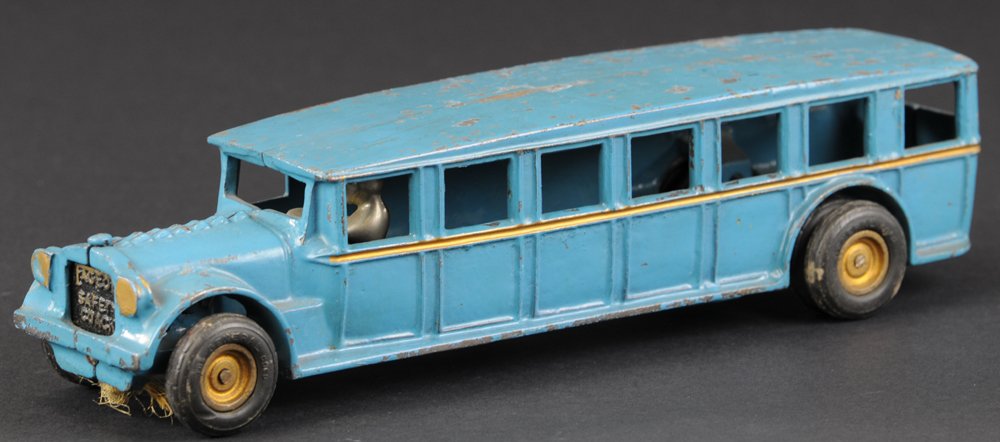 FAEGOL SAFETY COACH: Arcade, cast iron, impressive scale toy, painted in blue overall, grille embossed "Faegol Safety Coach," seated nickel driver, gold striped, nickel disc wheels. 12 1/4" l.