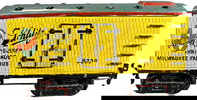 MARKLIN SCHLITZ BEER CAR: 19. MARKLIN SCHLITZ BEER CAR | Germany, 1 gauge, hand painted Schlitz Beer refrigerator car is finely detailed with embossed panels and ladders, emblazoned with brewery logos, this a standout example