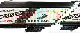 MARKLIN GAUGE 1 BUDWEISER CAR: 20. MARKLIN GAUGE 1 BUDWEISER CAR | Germany, Gauge 1, desirable hand painted car made in a short series of beer cars for export to the American market. | 11.5" l. | Black paint on roof reflects OK und