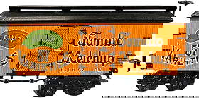 MARKLIN HEINZ KETCHUP CAR: 55. MARKLIN HEINZ KETCHUP CAR | O gauge, litho. | 7.5" l. | In-filling to several small chips in roof, otherwise (Excellent Condition) | $800 - $1,200