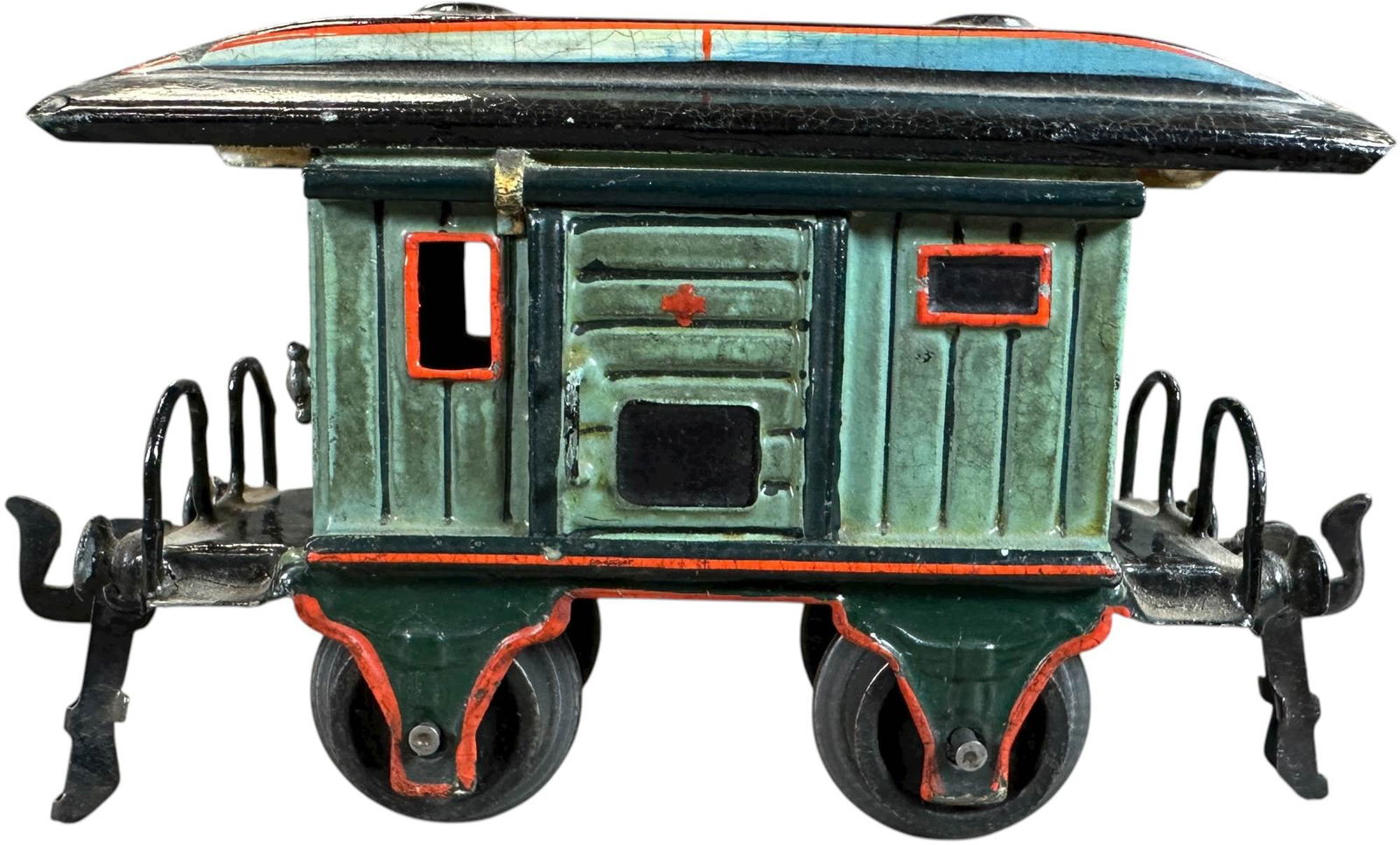 MARKLIN BAGGAGE CAR: 56. MARKLIN BAGGAGE CAR | O gauge, hand painted, has red cross on sides. | 5" l. | (Excellent to Pristine Condition) | $400 - $600