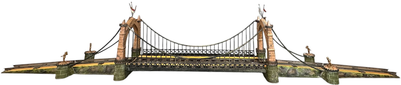 RARE MARKLIN NO.2066/2 SUSPENSION BRIDGE: 60. RARE MARKLIN NO.2066/2 SUSPENSION BRIDGE | Gauge 2, hand painted, catalog no.2066/2, circa 1900. Provenance: Ward Kimball Collection #594. | 82" l. | One railing is detached from lower column (eas